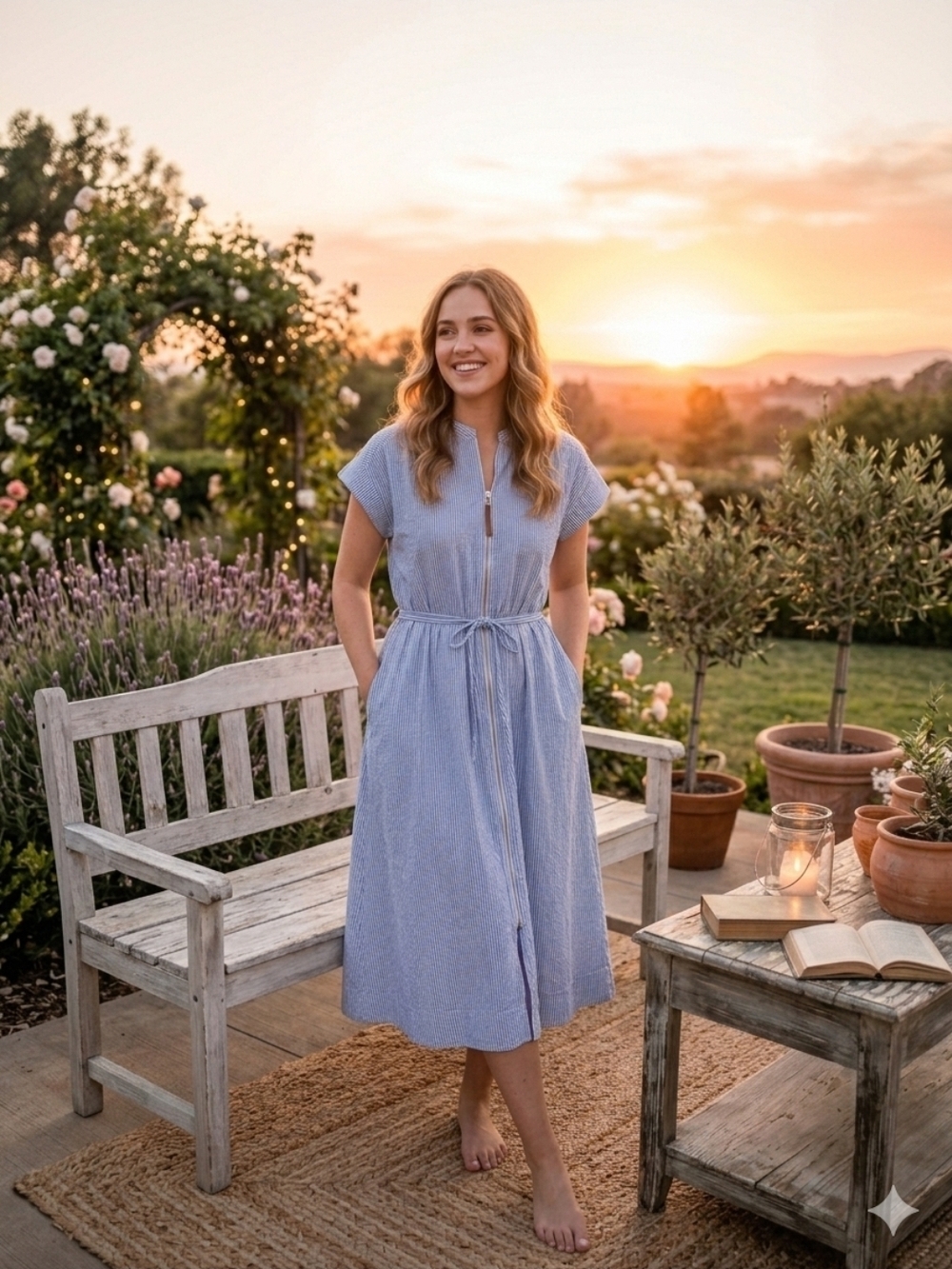 NWOT! Light Blue Tie-Waist Midi Dress with Front Zip Detail